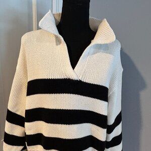 Quince Cropped Cotton Polo Ivory/Black Stripe, Organic Cotton, Size large